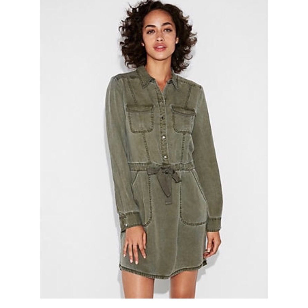 Express Long Sleeve Utility Shirt Dress (green)